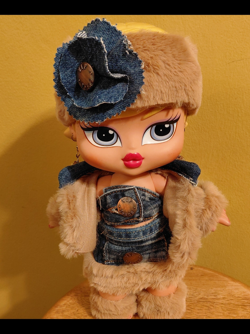 Plush Fur & Denim Fashion Doll Outfit in Beige and Blue For Bratz Big Babyz 12"